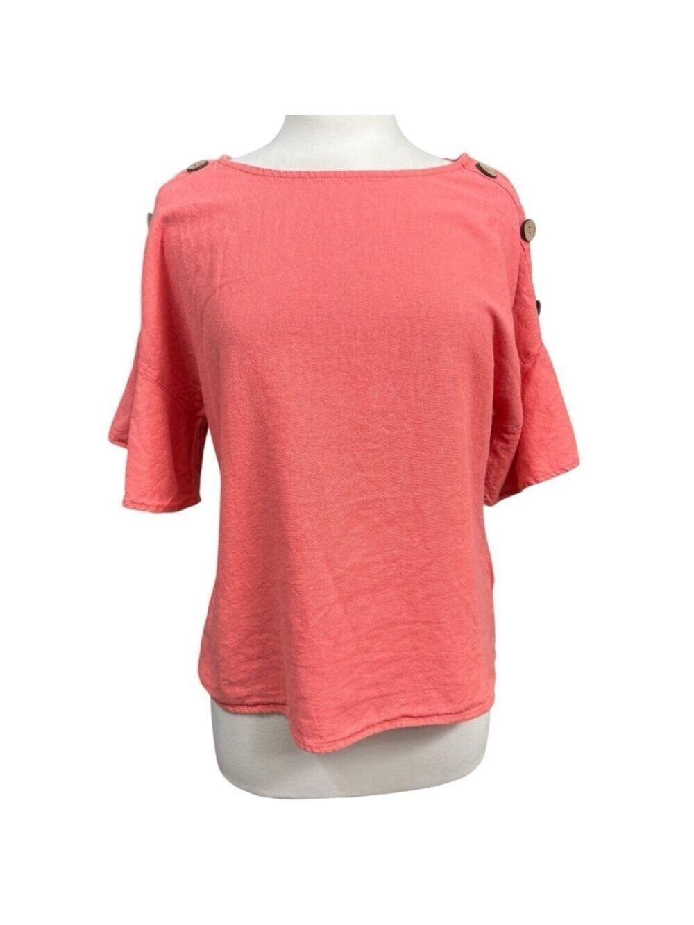Ellenโ Tracy Coral Linen Blend Button Shoulder Top Women's Size M